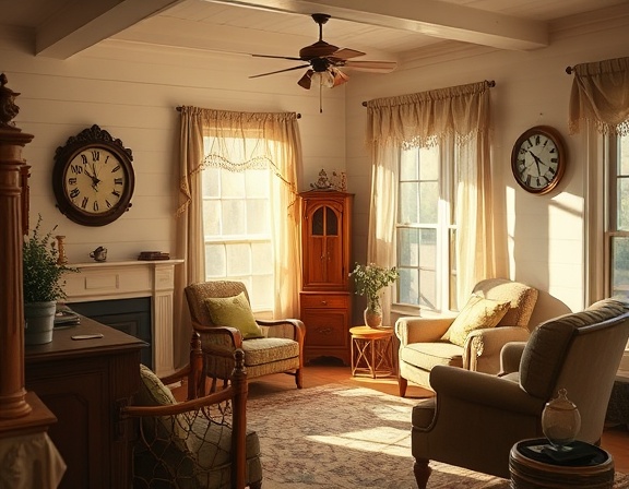 cozy bungalow interior, tranquil, bathed in natural sunlight, photorealistic, tastefully decorated with vintage furniture, highly detailed, faint sound of a clock ticking, ultra HD, warm beige and olive green, diffused window light, shot with a 50mm lens.