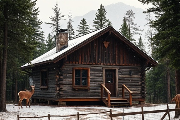 rustic mountainview cabin, cozy expression, nestled among the pines, photorealistic, with smoke curling from a chimney and snow gently falling, highly detailed, deer grazing nearby, f/11 aperture, warm browns and white contrast, afternoon lighting, shot with a 35mm prime lens