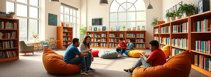 community media library, welcoming, engaging in conversation, photorealistic, cozy room with bean bags and low bookshelves, highly detailed, sound of children studying, bright primary colors, natural light from large windows, shot with a 28mm lens