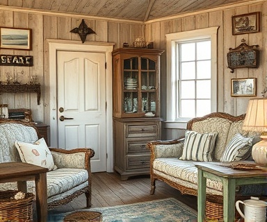 rustic seaside cottage decor, inviting, showcasing coastal charm, photorealistic, antique wooden furniture with sea motifs, highly detailed, sun-bleached textures and salt-weathered finishes, f/5.6, ISO 400, warm earth tones, diffused lighting, shot with a macro lens