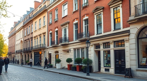 urban townhouse, sophisticated, framed, photorealistic, lining a picturesque cobblestone street, highly detailed, lively pedestrians, digital enhancement sharpness, pastel hues, filtered sunlight, shot with a zoom lens.