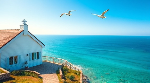 breathtaking seaside cottage view, inspiring, capturing the vast horizon, photorealistic, expansive sea vista with clear skies, highly detailed, seagulls soaring above, f/11, ISO 100, shades of azure and turquoise, bright midday lighting, shot with a panoramic lens