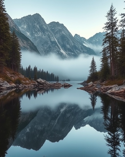 majestic mountainview nature, tranquil expression, reflecting in a crystal-clear lake, photorealistic, surrounded by towering pine trees and rocky outcrops, highly detailed, mist gently rising above the water, f/8 aperture, soft earthy tones and deep blues, dawn lighting, shot with a 50mm standard lens