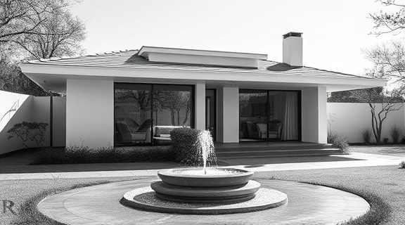 modern bungalow design, elegant, showcasing sleek architectural lines, photorealistic, set in a minimalist garden with a small fountain, highly detailed, gentle water trickling, superfine image quality, monochrome whites and grays, bright midday sun, shot with a tilt-shift lens.