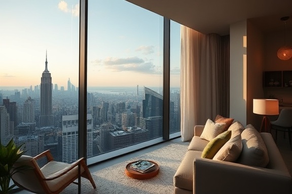 modern apartment, inviting, highlighted, photorealistic, featuring panoramic city skyline views, highly detailed, bustling cityscape in the distance, high dynamic range, cool tones, evening sunlight, shot with a 35mm lens.