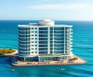 sleek condominium, stylish, presented, photorealistic, against a backdrop of blue ocean waves, highly detailed, vibrant kite surfers in the scene, vibrant saturation, crisp blues, afternoon light, shot with an ultra-wide lens.