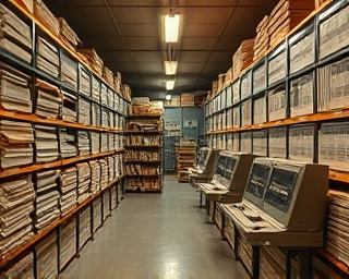 historical media archive, nostalgic, preserving history, photorealistic, archive room with stacks of newspapers and microfilm readers, highly detailed, scent of aged paper and musky air, sepia and faded pastel colors, soft ambient light, shot with a vintage lens