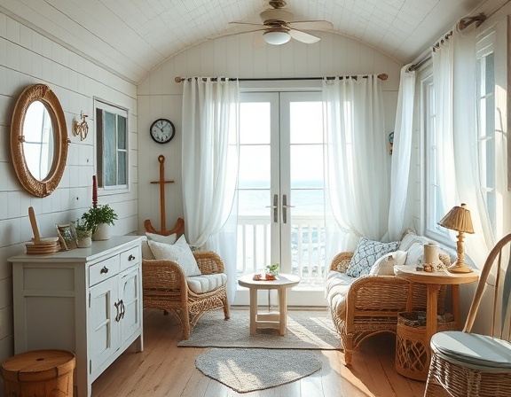 cozy seaside cottage interior, serene, bathed in morning light, photorealistic, tastefully decorated with nautical elements, highly detailed, gentle breeze through white curtains, f/4, ISO 200, soft pastel colors, ambient lighting, shot with a 50mm lens