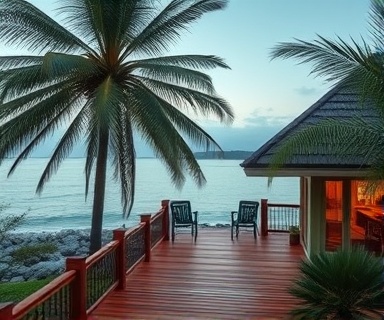 secluded bayside retreat, inviting, nestled among tall palm trees, photorealistic, pristine surroundings with a wooden deck overlooking the bay, highly detailed, distant sound of waves lapping, 8K resolution, ocean green and cedar wood tones, dusk lighting, shot with a telephoto lens.