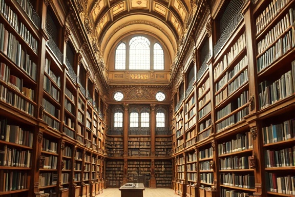 classic media library, scholarly, browsing shelves, photorealistic, grand hall with high ceilings and ornate architecture, highly detailed, faint echoes of rustling paper, rich mahogany and cream colors, diffused sunlight from tall arched windows, shot with a 35mm lens