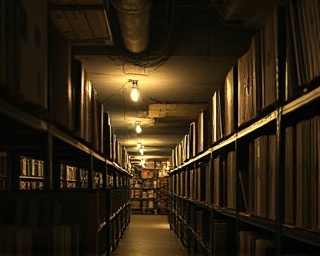 underground media repository, mysterious, retrieving rare records, photorealistic, dimly lit cavernous space with concrete walls and metal shelves, highly detailed, flickering light bulbs and shadows, earthy tones, low ambient light, shot with a 24mm lens