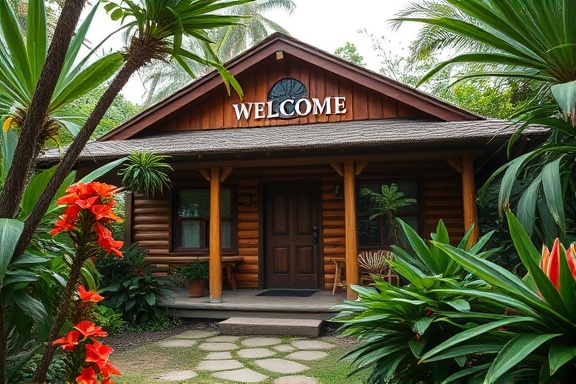 rustic bungalow exterior, welcoming, surrounded by lush greenery, photorealistic, tropical garden with vibrant flowers, highly detailed, gentle leaves rustling, sharp focus, earthy tones with splashes of color, soft morning light, shot with a wide-angle lens.