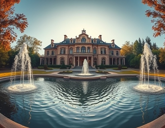 grand mansion, majestic, advertised, photorealistic, surrounded by manicured gardens and fountains, highly detailed, sunlight glimmer on water, large format print resolution, earthy tones, morning glow lighting, shot with a fish-eye lens.