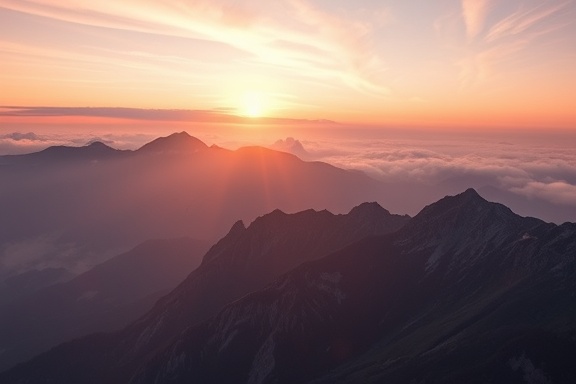 breathtaking mountainview sunrise, awe-inspiring expression, casting a glow on the peaks, photorealistic, with wispy clouds creating a picturesque sky, highly detailed, early morning fog slightly obscures some features, ISO 200, pastel pinks, oranges, and deep purples, golden hour lighting, shot with a 28mm wide-angle lens