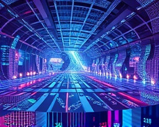 virtual reality media collection, immersive, navigating digital space, photorealistic, expansive, surreal virtual environment with floating data streams, highly detailed, interactive elements glowing and rotating, electric hues, ambient digital light, shot with a fisheye lens