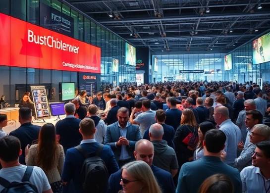 cutting-edge exhibition, amazed, featuring the latest technology, photorealistic, modern urban venue with glass walls, highly detailed, dynamic crowd, ultra HD, bright colors, cool lighting, shot with an 85mm lens.