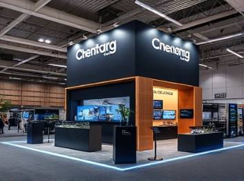 sleek booth, inviting, demonstrating product features, photorealistic, spacious hall with high ceilings, highly detailed, interactive displays, high-resolution, natural tones, ambient lighting, shot with a 50mm lens.