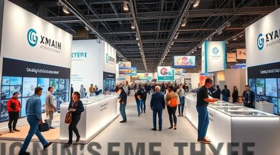 innovative display, engaging, attracting attendees, photorealistic, open floor plan with branded materials, highly detailed, constant motion of visitors, crystal clear, vibrant hues, soft lighting, shot with a 24mm lens.