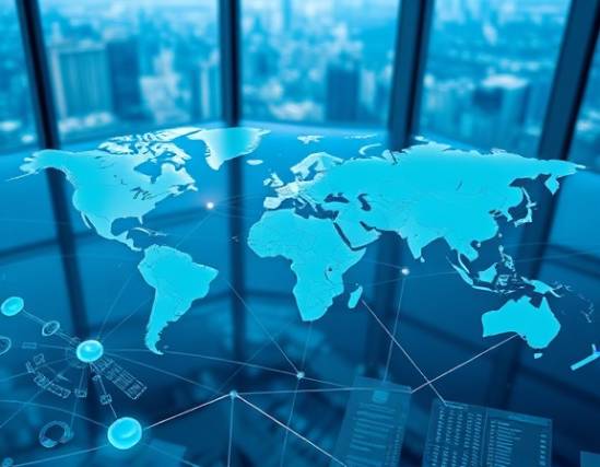 global map with international strategy icons, contemplating future planning, analyzing trajectories, photorealistic, high-rise office overlooking city skyline, highly detailed, strategic elements like charts and lines, 50mm f/1.4 lens, cool blue tones, ambient lighting, shot with a macro lens.