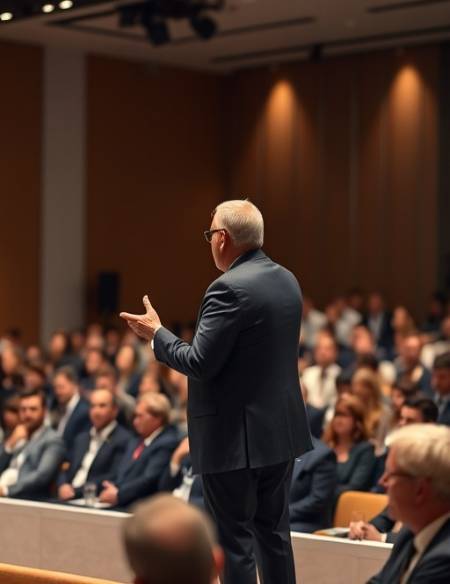 global leader on stage, projecting confidence, discussing international ranking, photorealistic, conference room filled with delegates, highly detailed, animated audience engagement, 85mm f/1.2 lens, neutral colors, spotlight, shot with a telephoto lens.