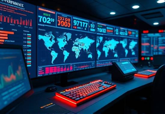 digital dashboard with international optimization metrics, focused and precise, optimizing performance, photorealistic, futuristic control room with digital displays, highly detailed, live data feeds, 100mm f/2.8 lens, bright colors, LED lighting, shot with a tilt-shift lens.