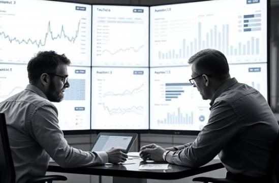 team of analysts examining charts, intense analysis, presenting international analytics insights, photorealistic, modern workspace with large screens, highly detailed, dynamic data visualizations, 24-70mm f/2.8 lens, monochrome, soft studio lighting, shot with a zoom lens.