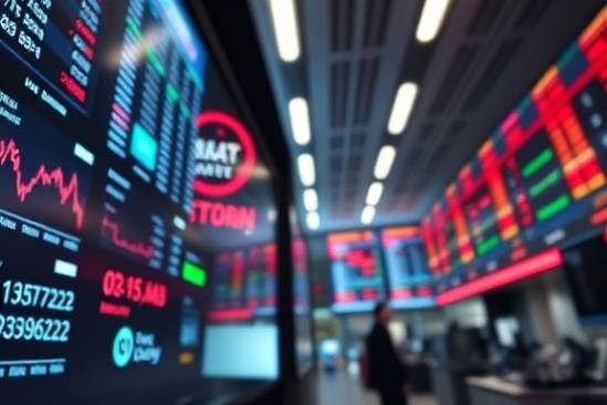 dynamic globaltrade commerce, engaged, analyzing market trends, photorealistic, sleek modern office with digital displays, highly detailed, live stock tickers, macro lens, cool tones, bright fluorescent lights, shot with a 100mm camera lens