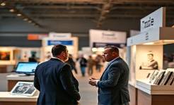 innovative globaltrade export, determined, negotiating trade deals, photorealistic, international trade fair with various booths, highly detailed, business professionals conversing, prime lens, warm colors, soft ambient lighting, shot with a 50mm camera lens