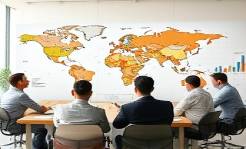 resilient globaltrade economy, optimistic, planning strategies, photorealistic, conference room with world maps and graphs, highly detailed, brainstorming session, tilt-shift lens, neutral palette, diffused natural light, shot with a 90mm camera lens