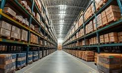 streamlined globaltrade supply, efficient, organizing inventory, photorealistic, vast warehouse with automated systems, highly detailed, robots stacking palettes, fisheye lens, muted colors, industrial lighting, shot with a 16mm camera lens
