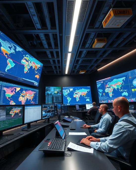 strategic globaltrade logistics, meticulous, optimizing routes, photorealistic, large control room with monitors and charts, highly detailed, operators tracking shipments, telephoto lens, balanced colors, LED strip lights, shot with a 70-200mm camera lens