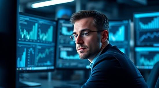 intelligent marketing analytics, focused expression, analyzing data, photorealistic, a futuristic workspace with multiple monitors displaying charts, highly detailed, digital features, ultra-sharp clarity, monochrome with blue accents, ambient backlighting, shot with an 85mm lens.