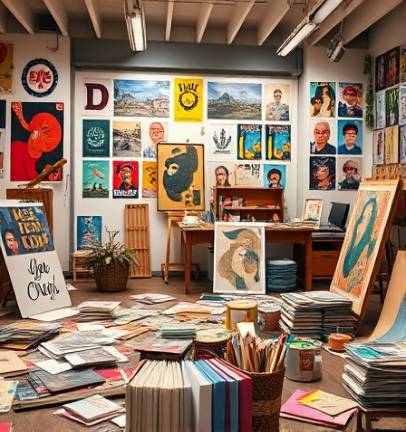 dynamic creative marketing, inspired expression, designing, photorealistic, an art studio with colorful posters and materials scattered around, highly detailed, innovative touches, dynamic composition, vivid colors, soft shadow, shot with a 24mm lens.