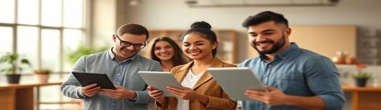 progressive marketing strategy, confident expression, executing, photorealistic, an open co-working space with diverse individuals and tablets, highly detailed, synergy in action, high fidelity, warm colors, natural sunlight, shot with a 50mm lens.
