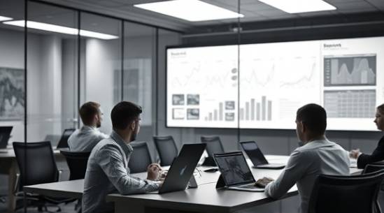 analytical marketing analytics, pensive expression, synthesizing data, photorealistic, a glass-walled conference room with smart boards and laptops, highly detailed, shared workflows, high definition, grayscale, downlit by LED panels, shot with a 100mm lens.