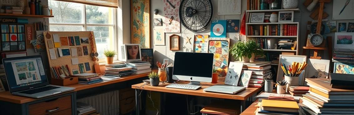 artistic creative marketing, joyful expression, crafting concepts, photorealistic, an eclectic workspace filled with mixed media art and laptops, highly detailed, imaginative spirit, sharp focus, rich palette, morning light, shot with a 28mm lens.