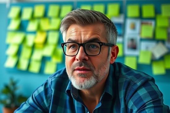 revolutionary marketing strategy, determined expression, orchestrating ideas, photorealistic, a vibrant creative meeting room with post-it notes and mood boards wall, highly detailed, brainstorming vibes, intricate textures, vivid green and blue, balanced lighting, shot with a 35mm lens.
