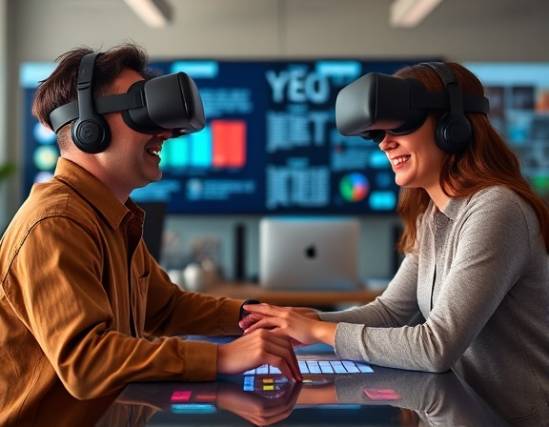 versatile digital marketing, optimistic expression, coordinating online campaigns, photorealistic, a shared digital workspace with virtual reality headsets and interactive tables, highly detailed, seamless coordination, ultra clear, earthy tones, vivid LCD lighting, shot with a 50mm lens.