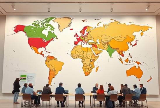 expansive crossborder outreach, inviting and open, bridging diverse cultures, photorealistic, world map mural in an art gallery, highly detailed, people discussing around a large table, smooth gradations, pastel hues, diffused studio lighting, shot with a telephoto lens.