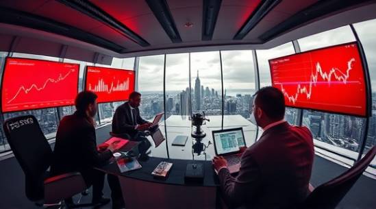 effective crossborder strategy, analytical and calculated, driving business success, photorealistic, boardroom with panoramic city view and charts on screens, highly detailed, professionals using laptops and tablets, stylized elements, monochrome with red highlights, dramatic lighting, shot with a fisheye lens.