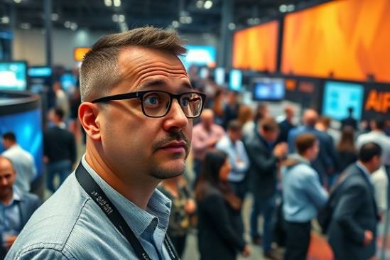 cutting-edge AI trends, inquisitive expression, identifying market patterns, photorealistic, bustling tech conference filled with attendees and booths, highly detailed, animated conversations and gesture exchanges, 4K clarity, bold colors, directional spotlighting, shot with an 85mm lens.
