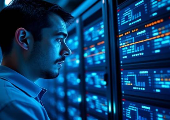 critical AI data, focused expression, reviewing complex datasets, photorealistic, luminous server room with glowing LED lights, highly detailed, pulsating data flow represented visually, precision-focused, monochromatic blue hues, fluorescent lighting, shot with a 24mm lens.