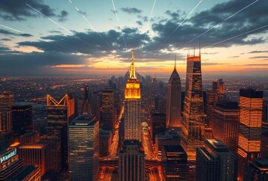 progressive AI forecast, visionary expression, predicting technological advances, photorealistic, panoramic view of a digital skyline at dusk, highly detailed, shifting holographic displays of statistics, crystal-clear details, warm and vivid gold tones, twilight lighting, shot with a 100mm lens.