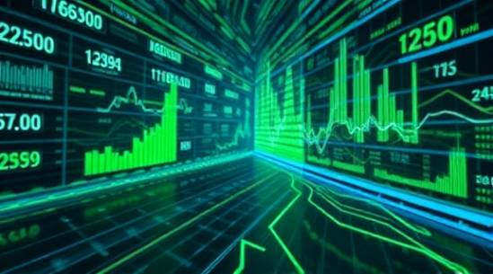 insightful AI trends, analytical expression, capturing emerging technologies, photorealistic, immersive VR environment with virtual data layers, highly detailed, interactive holograms and graphs in motion, ultra-fine detailing, vibrant greens and blues, dramatic contrast lighting, shot with a 70mm lens.